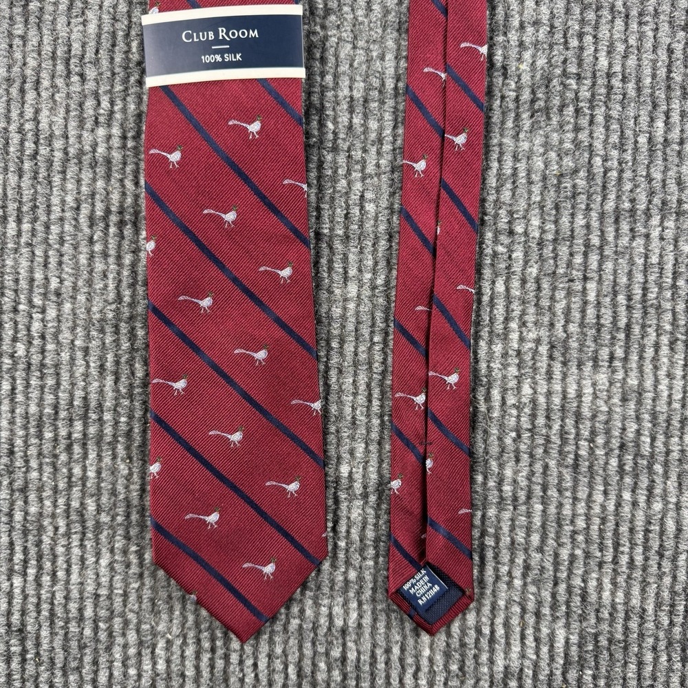 Club Room Pheasant Tie Men Burgundy Silk Striped Hunting Bird Necktie NWT